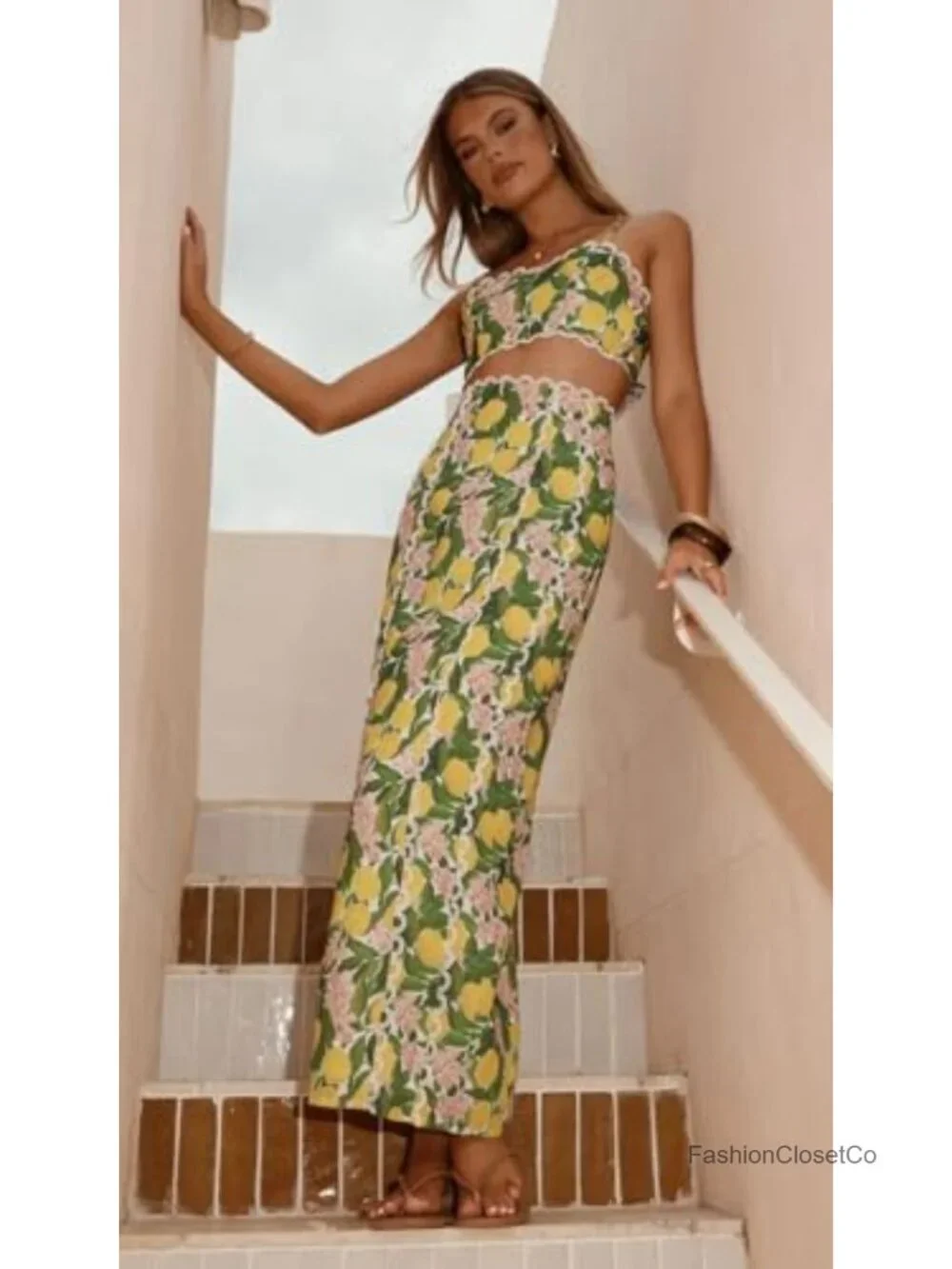 Women's 2 Piece Floral Crop Top and High Waisted Maxi Skirt Set